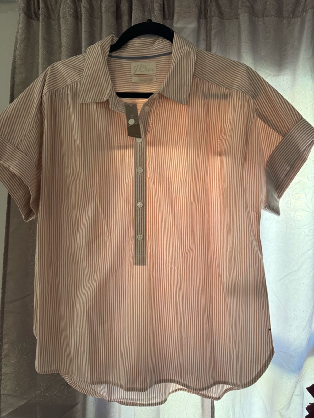 J. Crew Men’s Light Pink and White Stripe Short-Sleeve Button-Up Shirt